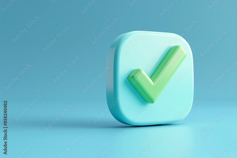 A green checkmark on a light blue icon in a minimalist design symbolizing approval, completion, or success against a blue background. 3D Illustration. A green checkmark on a light blue icon in a minimalist design symbolizing approval, completion, or success against a blue background. 3D Illustration.