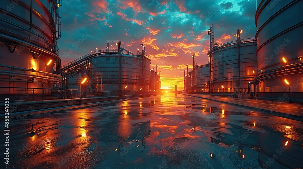 Obraz premium Large, well-insulated industrial tanks provide efficient energy storage through thermal energy management. illustration images