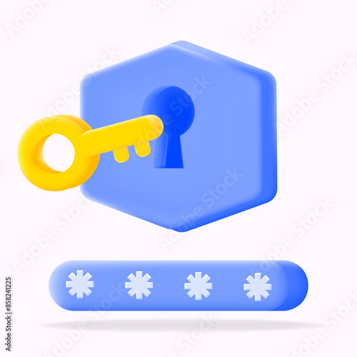 3d vector icon illustration, key entering a keyhole, with a password bar below. Ideal for cybersecurity, online security, and access control data protection 