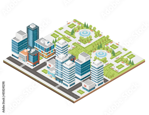 Three-dimensional isometric view showcasing bustling streets, towering skyscrapers, and a serene park. Urban modern city design, vector illustration isolated on white background