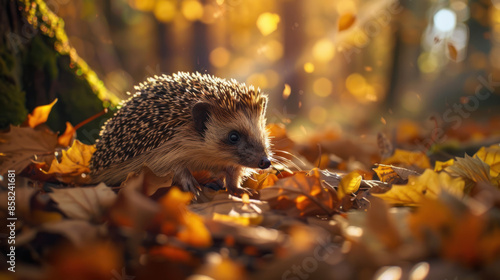 Hedgehog exploring the forest floor covered with leaves photo