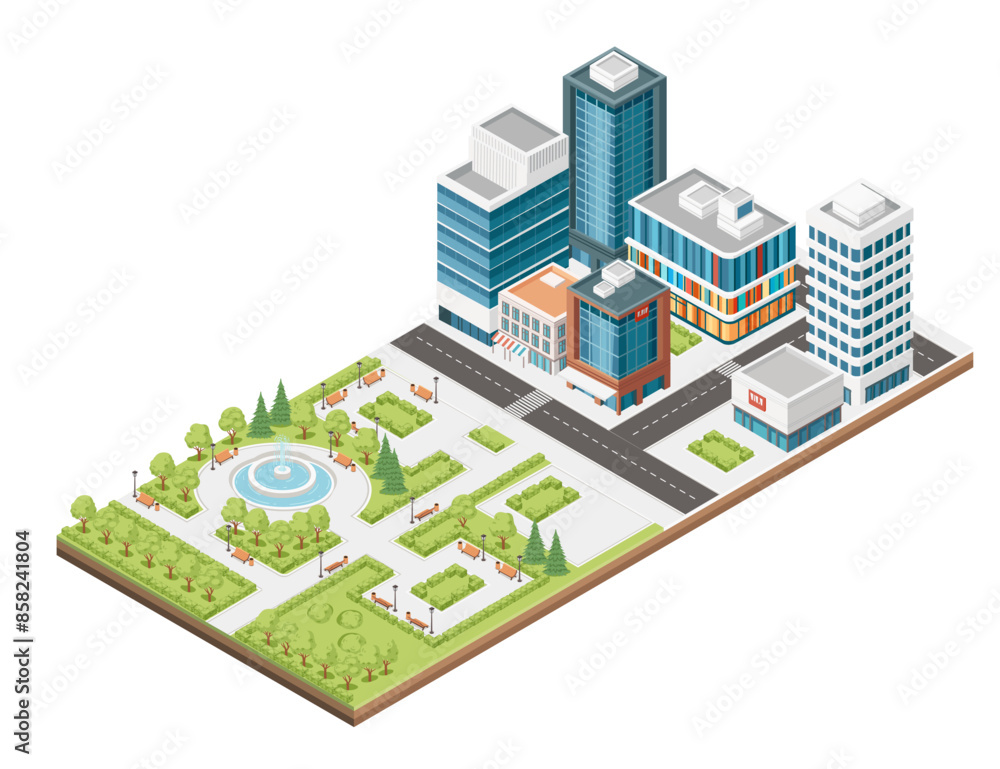 Three-dimensional isometric view showcasing bustling streets, towering skyscrapers, and a serene park. Urban modern city design, vector illustration isolated on white background