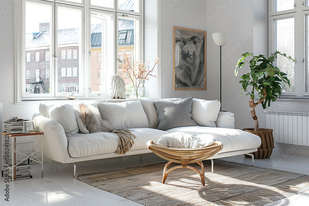 Fototapeta premium photo of white sofa and recliner chair with plants in a scandinavian clean and minimalist living room apartment and design interior furniture