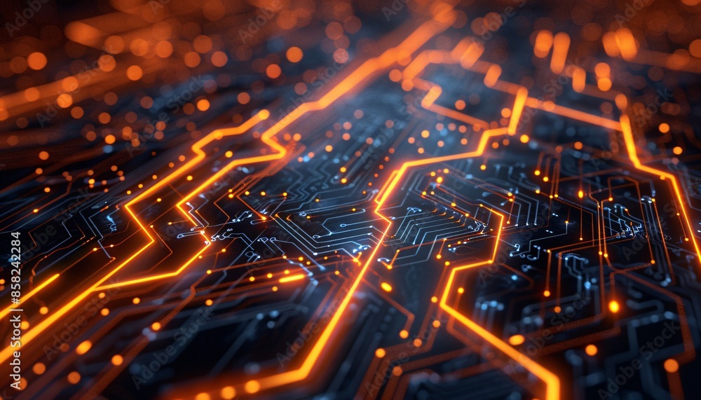 Close-Up of a Futuristic Circuit Board with Glowing Orange and Blue Lines Representing Advanced Technology and Innovation Close-Up of a Futuristic Circuit Board with Glowing Orange and Blue Lines Representing Advanced Technology and Innovation