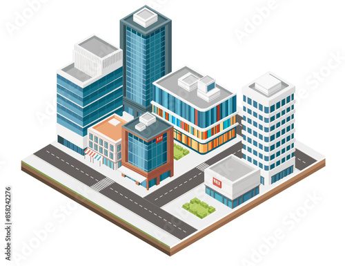 Three-dimensional isometric view showcasing bustling streets, towering skyscrapers. Urban modern city design, vector illustration isolated on white background