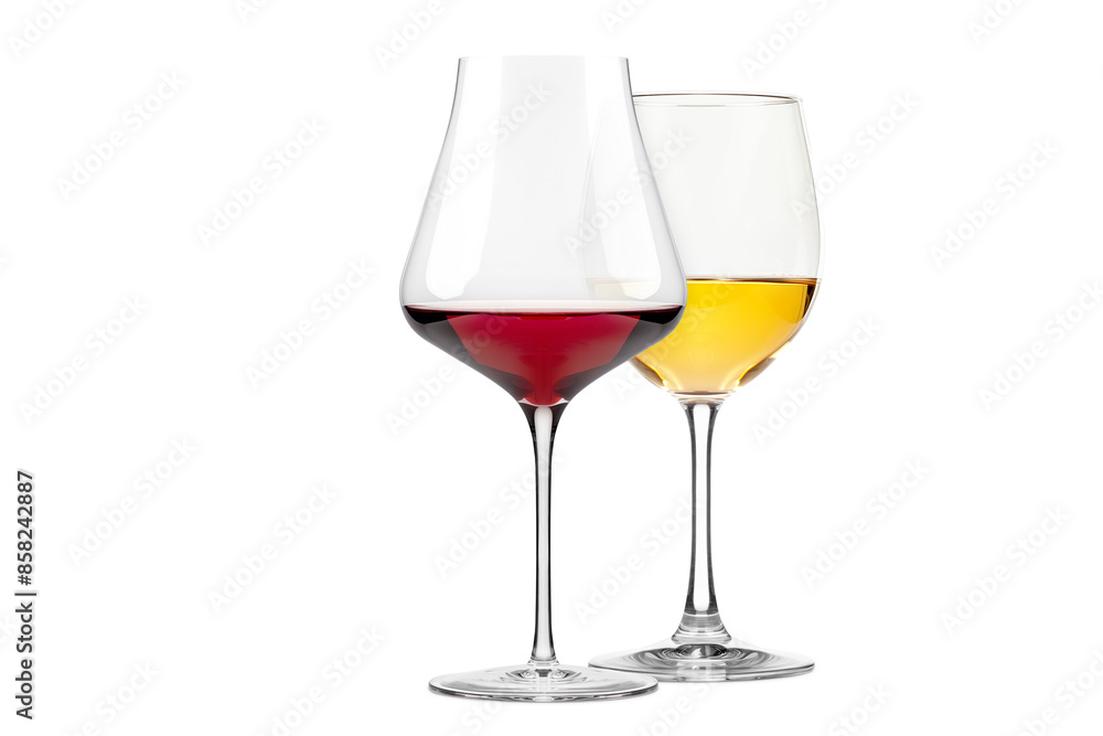 Set of red and white wine glasses isolated on white background. Rose wine splashing in glassware. Set of red and white wine glasses isolated on white background. Rose wine splashing in glassware.