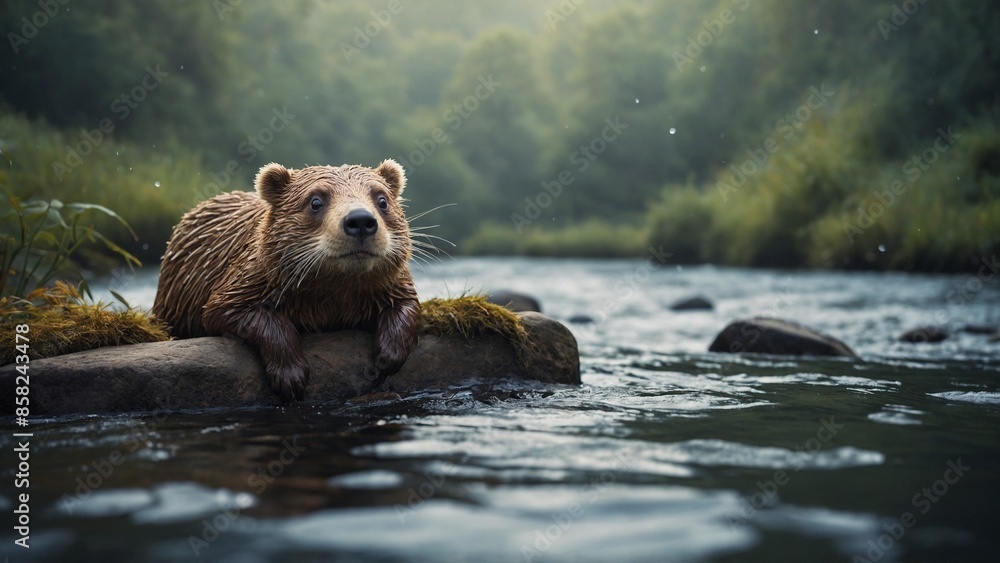 Fototapeta premium wallpaper cartoon animal in river