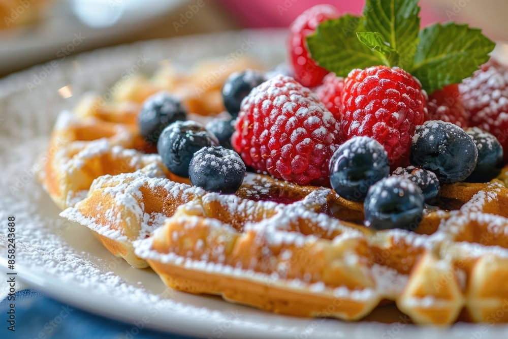 A delicious and healthy breakfast of whole grain waffles topped with fresh berries