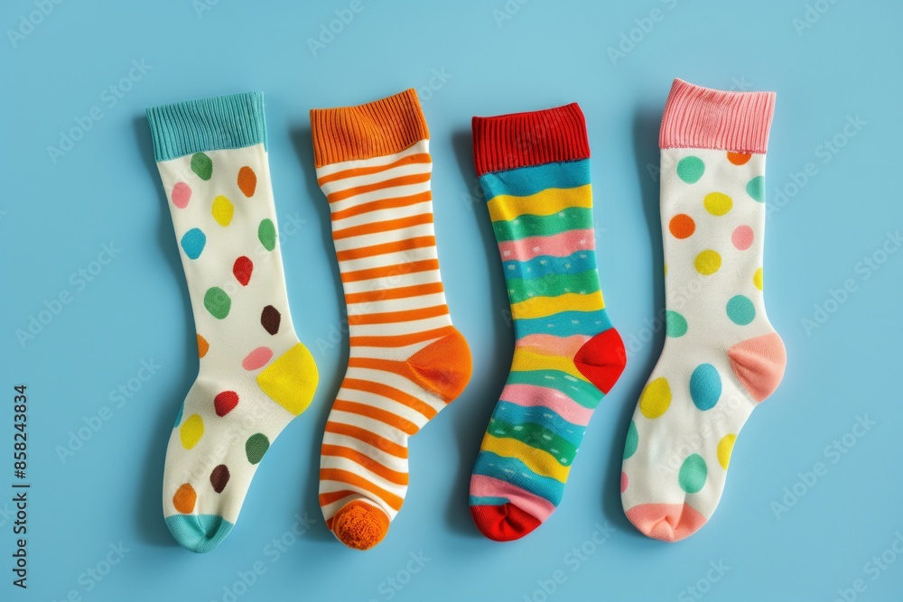 Four colorful socks with polka dots and stripes Four colorful socks with polka dots and stripes