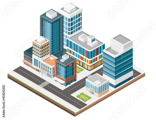 Three-dimensional isometric view showcasing bustling streets, towering skyscrapers. Urban modern city design, vector illustration isolated on white background