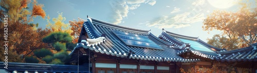 Ecofriendly solar panels on a traditional Korean roof, incorporating natural ventilation design, side view, depicting energy efficiency, cybernetic tone, Analogous Color Scheme
