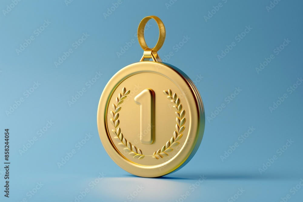 Gold medal with number one on blue background symbolizing victory, achievement, first place, and success in competition. 3D Illustration. Gold medal with number one on blue background symbolizing victory, achievement, first place, and success in competition. 3D Illustration.