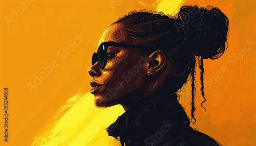 Stylized Portrait of a Woman with Sunglasses on Vibrant Yellow Background photo