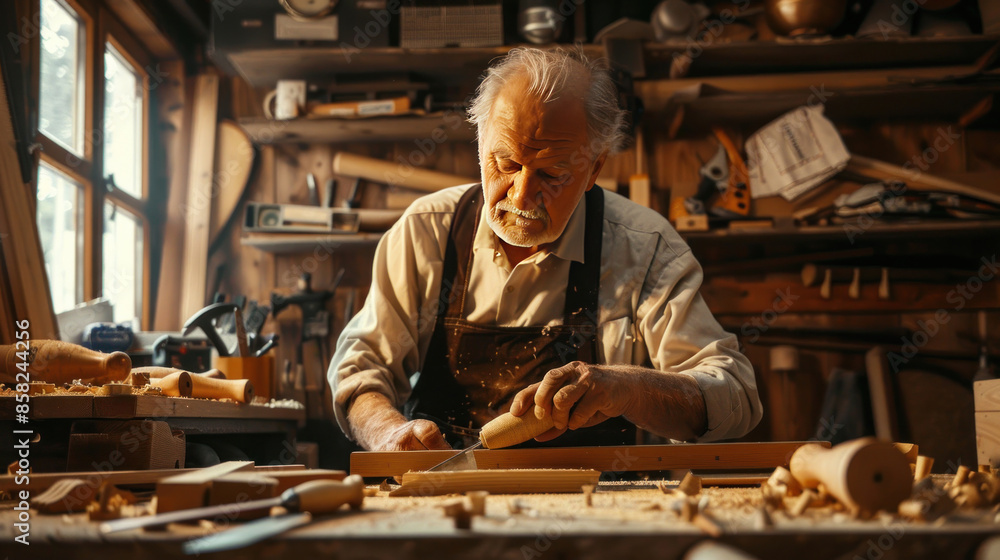 Man doing woodwork in a well-organized workshop Man doing woodwork in a well-organized workshop