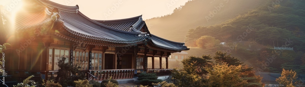 Naklejka premium Hanok with rainwater harvesting system and green construction technologies