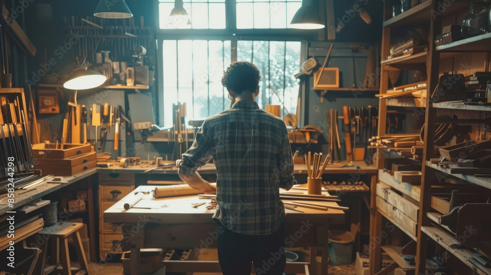 Man doing woodwork in a well-organized workshop Man doing woodwork in a well-organized workshop