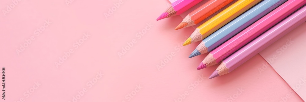 A row of colorful pencils on a pink background A row of colorful pencils on a pink background