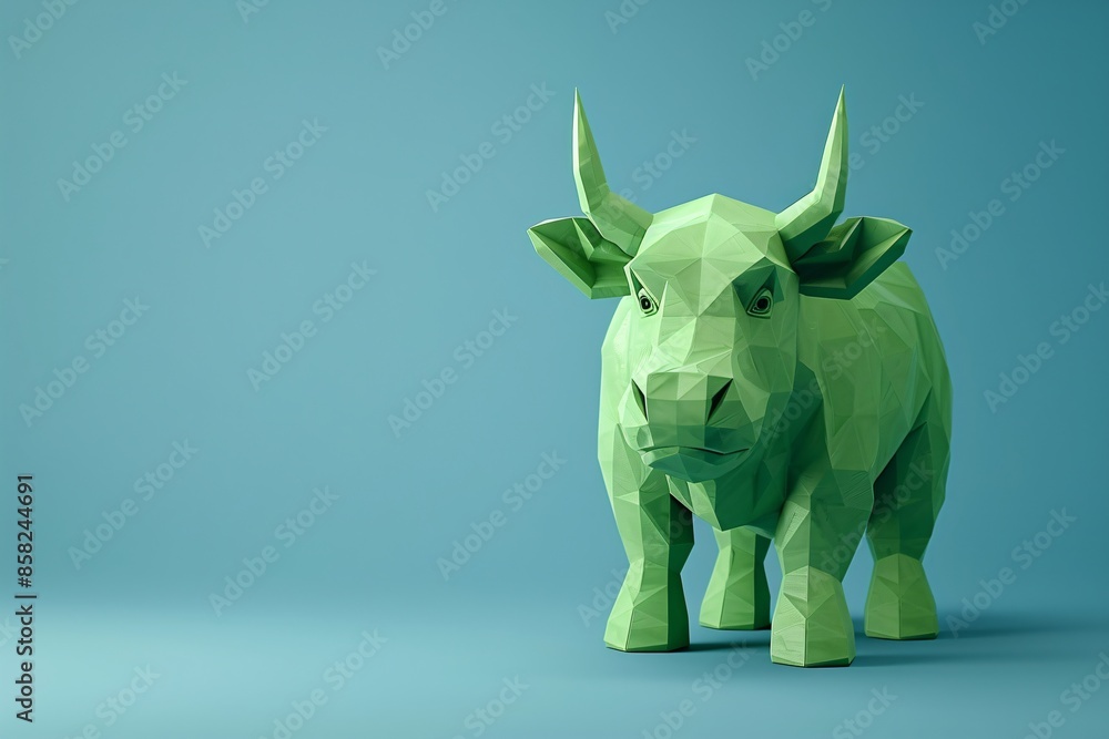 Fototapeta premium Green geometric bull statue on blue background, modern animal figure art representing bullish stock market, strength and stability. 3D Illustration.