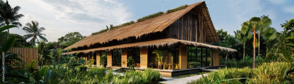 Building featuring bamboo and thatch roofing, lowimpact design, and ecofriendly materials, front view, illustrating green innovation, advanced tone, Complementary Color Scheme Building featuring bamboo and thatch roofing, lowimpact design, and ecofriendly materials, front view, illustrating green innovation, advanced tone, Complementary Color Scheme