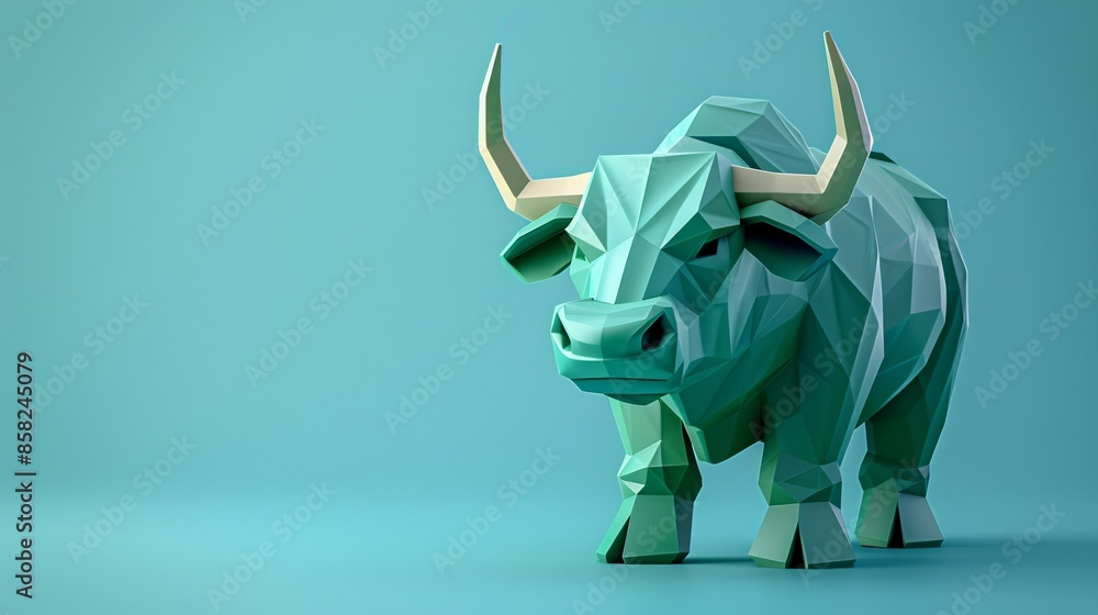 Obraz premium Geometric Bull on Blue Background 3D Illustration bullish stock market.