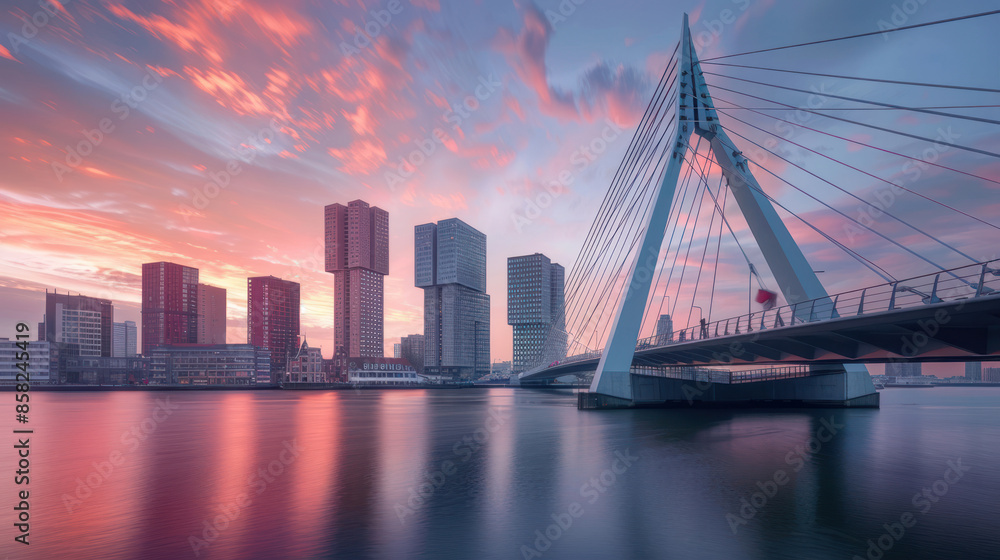 Modern cable-stayed bridge with a cityscape in the background Modern cable-stayed bridge with a cityscape in the background