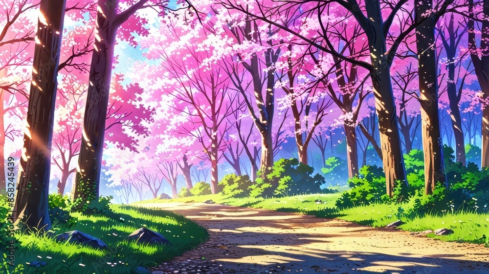 Naklejka premium Serene cherry blossom forest pathway in springtime morning sunshine