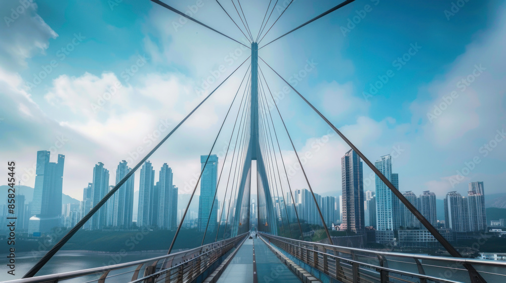 Modern cable-stayed bridge with a cityscape in the background Modern cable-stayed bridge with a cityscape in the background