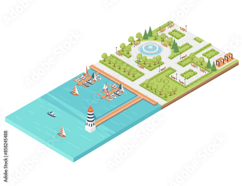 Three-dimensional isometric view showcasing marina pier sailboat and yacht harbor vector illustration isolated on white background
