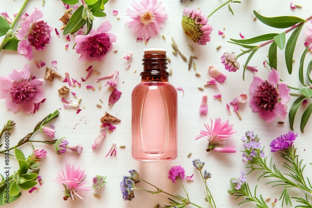 A bottle of perfume is surrounded by flowers and leaves A bottle of perfume is surrounded by flowers and leaves