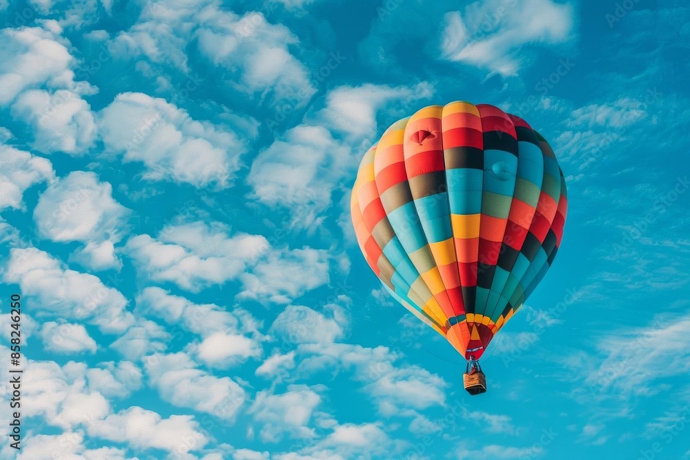 Obraz premium Bring to life a captivating worms-eye view of a hot air balloon drifting in a vivid blue sky, its colors vibrant and playful,