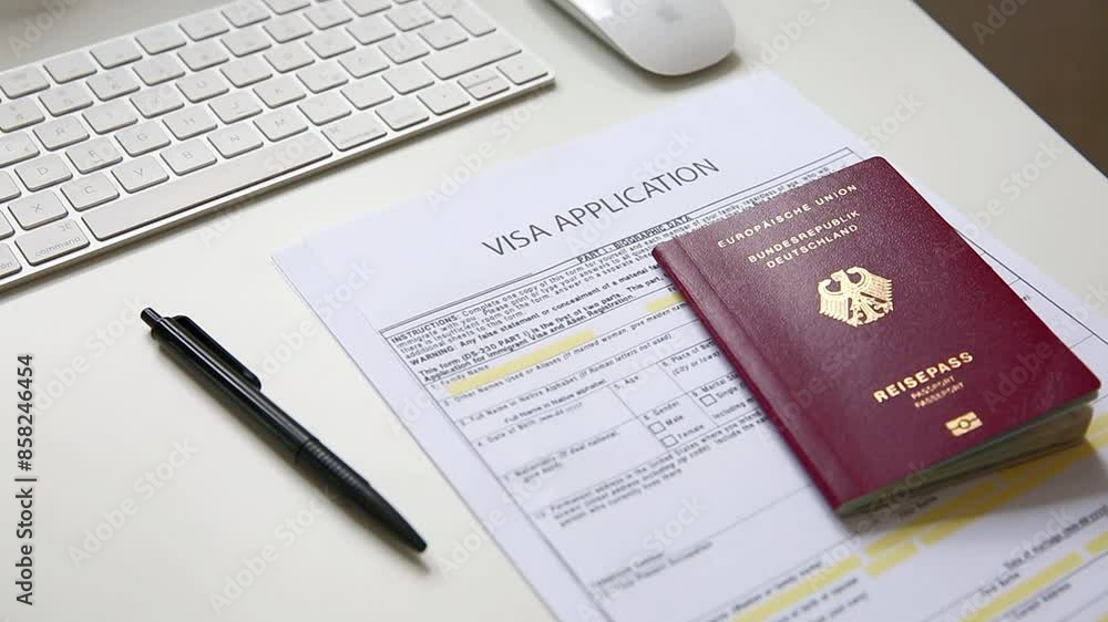 Close up of a visa application document with a German passport on table Close up of a visa application document with a German passport on table