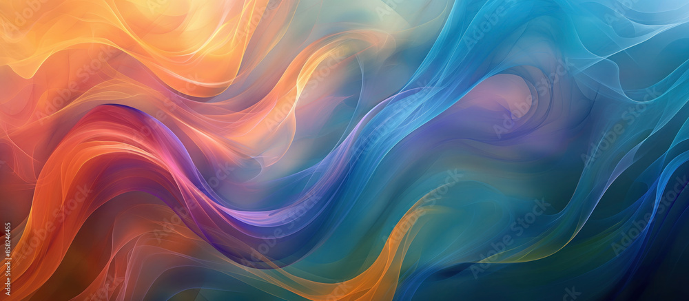 Abstract colorful flowing waves. An artistic composition featuring fluid, multicolored waves blending orange, blue, and purple hues, creating a sense of movement and energy Abstract colorful flowing waves. An artistic composition featuring fluid, multicolored waves blending orange, blue, and purple hues, creating a sense of movement and energy