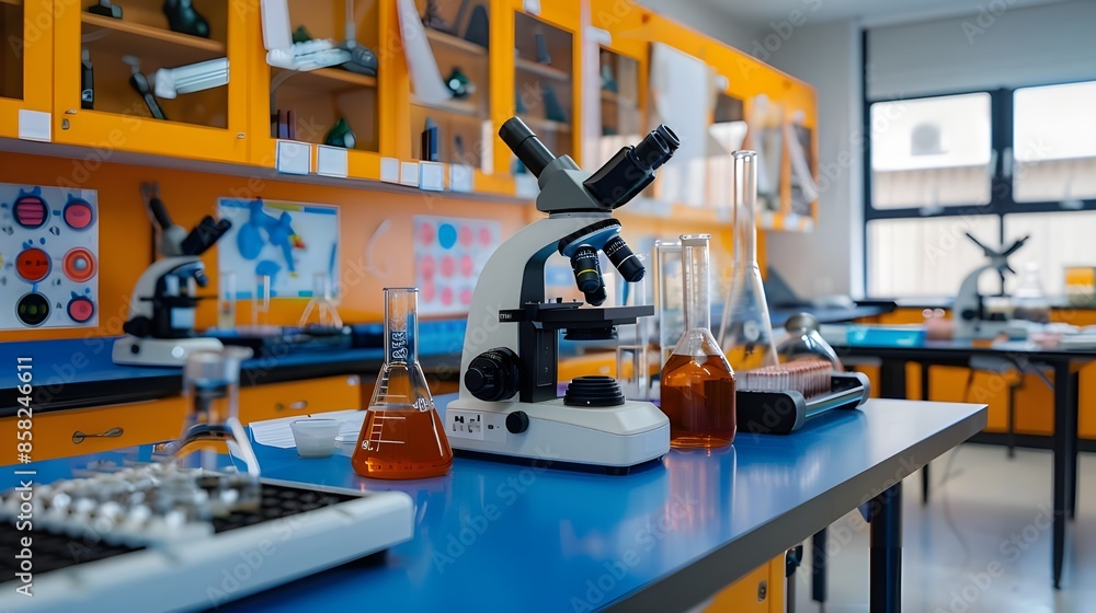 Science Classroom, Chemistry Lab with Microscopes and Periodic Table. School Science Lab with Equipment, Classroom Lab with Microscopes, Beakers, and Models. blurred background Science Classroom, Chemistry Lab with Microscopes and Periodic Table. School Science Lab with Equipment, Classroom Lab with Microscopes, Beakers, and Models. blurred background