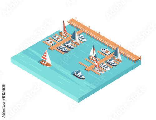 Three-dimensional isometric view showcasing marina pier sailboat and yacht harbor vector illustration isolated on white background