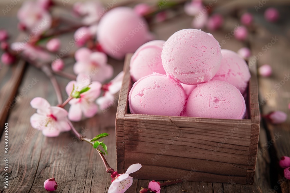 A wooden box with pink ice cream balls and pink flowers A wooden box with pink ice cream balls and pink flowers