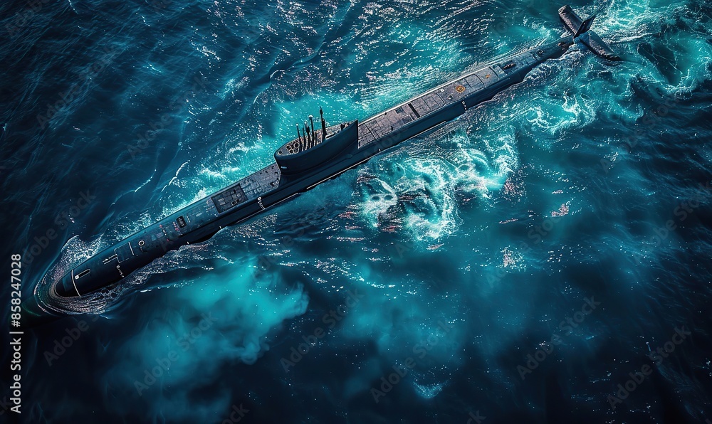 Obraz premium A submarine is moving through the ocean, leaving a large wake behind it.