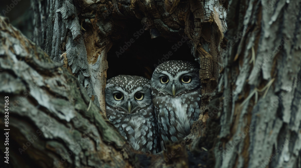Owls nesting in a hollow tree in a quiet forest Owls nesting in a hollow tree in a quiet forest