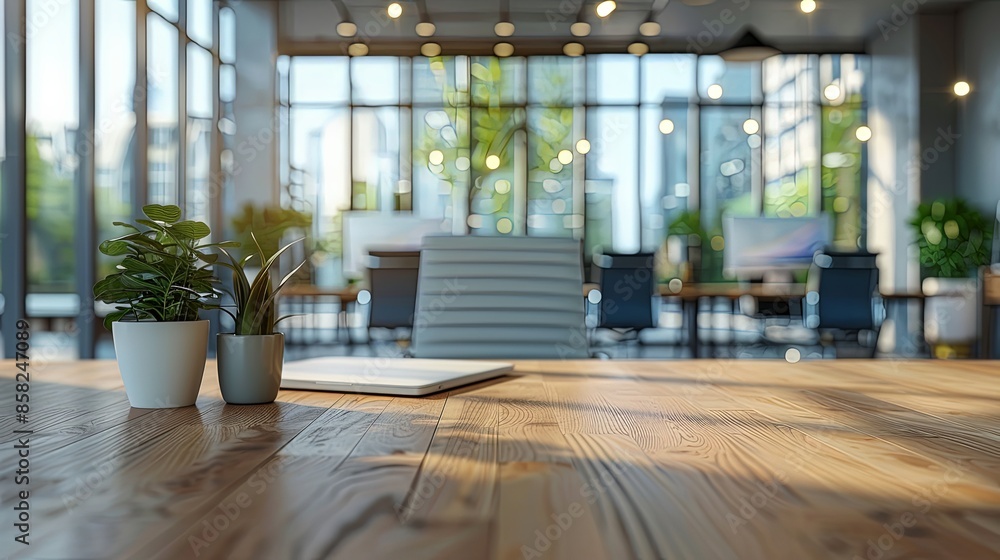 A contemporary office space with a wooden table, decorated with a laptop and plants, illuminated by ample natural light streaming in through large windows. A contemporary office space with a wooden table, decorated with a laptop and plants, illuminated by ample natural light streaming in through large windows.