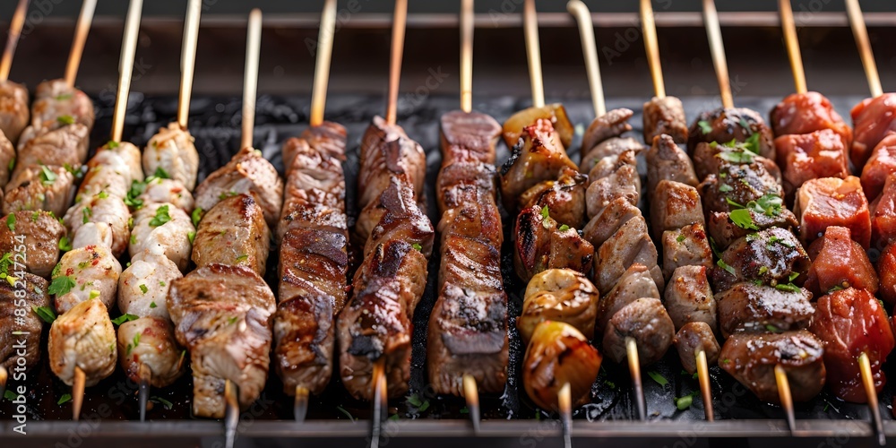 An appetizing display of grilled meat skewers from different cuisines. Concept Food Photography, Grilled Skewers, International Flavors, Appetizing Display, Mouthwatering Cuisine An appetizing display of grilled meat skewers from different cuisines. Concept Food Photography, Grilled Skewers, International Flavors, Appetizing Display, Mouthwatering Cuisine