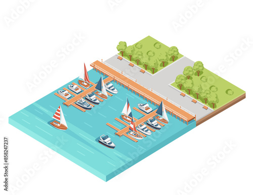 Three-dimensional isometric view showcasing marina pier sailboat and yacht harbor vector illustration isolated on white background