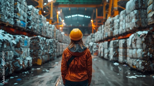 A worker clad in a red hoodie and yellow safety helmet stands amidst towering stacks of compressed paper waste bales in an industrial recycling plant © asayenka