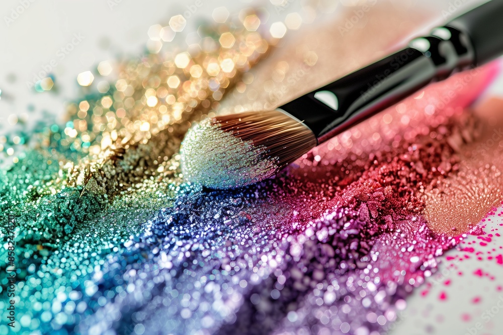 A makeup brush is on top of a colorful pile of makeup A makeup brush is on top of a colorful pile of makeup