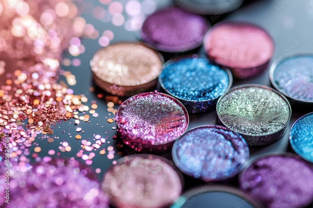 A collection of colorful eyeshadow palettes with glitter on a table A collection of colorful eyeshadow palettes with glitter on a table