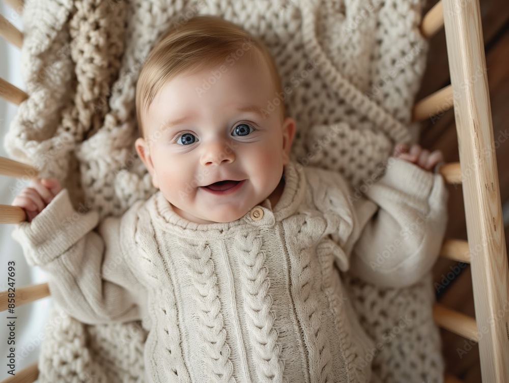 A blond newborn baby with long hair, blue eyes lies in a wooden crib, top view