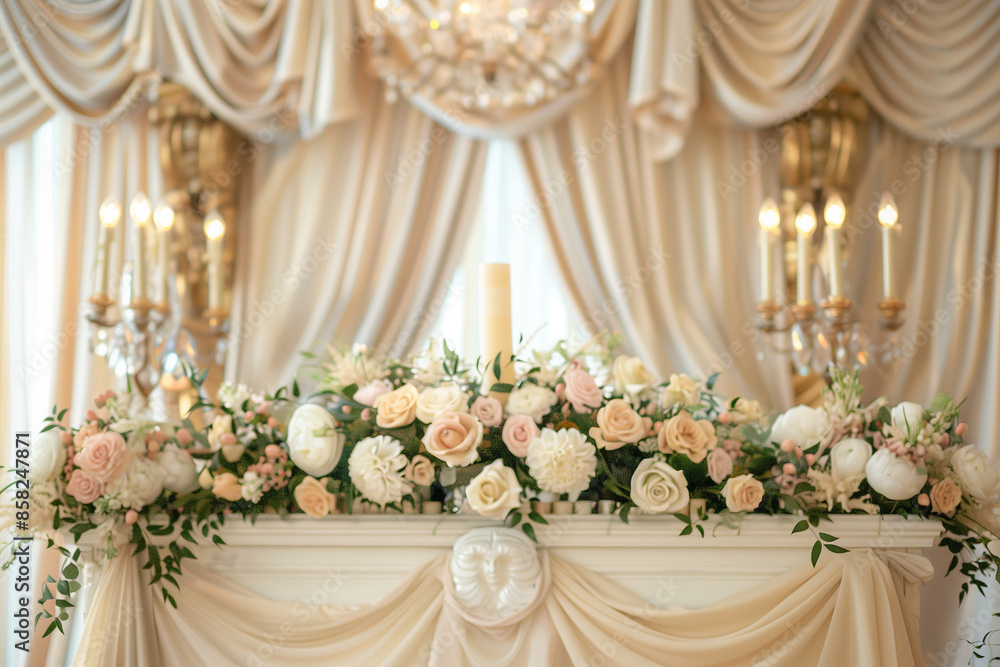 altar decorated with a stunning arrangement of pastel flowers, candles, and draped fabrics. The background shows the opulent details of the ballroom in soft focus. Commercial photo altar decorated with a stunning arrangement of pastel flowers, candles, and draped fabrics. The background shows the opulent details of the ballroom in soft focus. Commercial photo