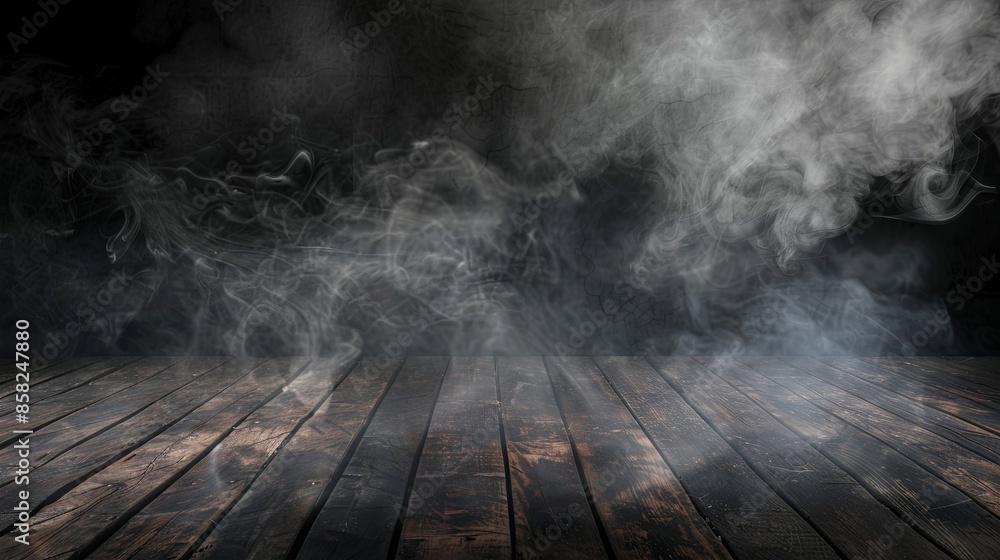 Product presentation and mockup banner concept Dark background, wood floor, and smoke Product presentation and mockup banner concept Dark background, wood floor, and smoke