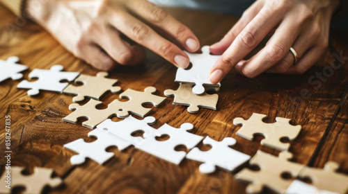 Person doing a puzzle on a large wooden table