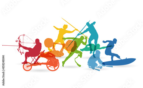 V2 of Sporters with Disabilities Representing Different Sports United. Colorful Silhouettes of Various Sport Athletes with Disabilities, Swimming, Weightlifting, Track and Field, Javelin, Para Cycling