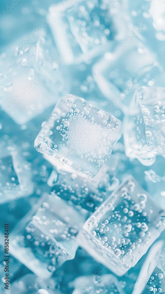 Closeup of ice cubes with bubbles in cold frozen blue water background Closeup of ice cubes with bubbles in cold frozen blue water background