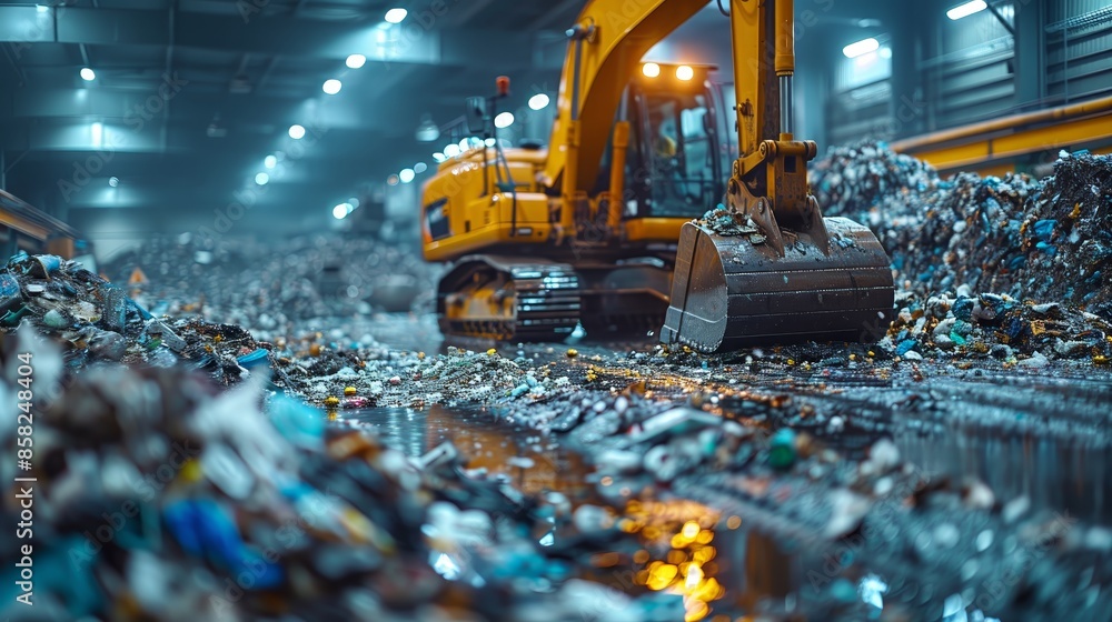A powerful yellow bulldozer stands amidst piles of refuse inside a recycling facility A powerful yellow bulldozer stands amidst piles of refuse inside a recycling facility